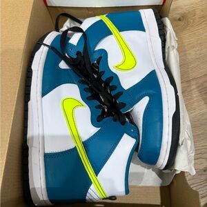 Nike Kids Dunk High in Teal, White, and Neon Yellow